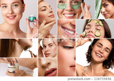 Beauty collage of close-ups of women enjoying various skincare routines, from applying creams and serums to using rollers and eye patches. Radiant skin. 116735656
