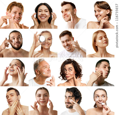 Vibrant collage of diverse men and women applying skincare products with joyful expression. Importance of self-care and beauty routines. 116735657