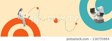 Contemporary art collage. Two women working online on laptops sitting in colorful circles connected by dotted line against beige background. 116735664