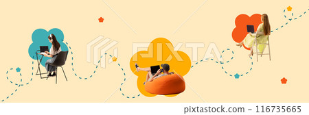 Banner. Contemporary art collage. Three people works in laptop in flowershaped figures interconnected with dotted lines. 116735665