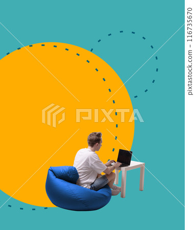 Contemporary art collage. Modern workspace. Man working, studying in laptop against teal background with circles with dotted lines. Copy space. Contemporary art collage. Modern workspace. Man working, studying in laptop against teal background with circles with dotted lines. Copy space. 116735670