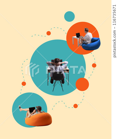 Contemporary art collage. Men working online, studying in separated circles connected by dotted lines against pastel background. Contemporary art collage. Men working online, studying in separated circles connected by dotted lines against pastel background. 116735671