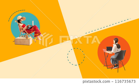 Contemporary art collage. Two women working on laptops against abstract colorful background with dotted lines. Contemporary art collage. Two women working on laptops against abstract colorful background with dotted lines. 116735673