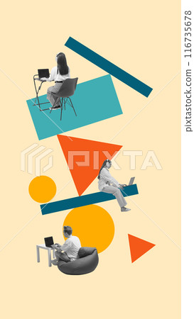 Contemporary art collage. Young people working or studying remotely against background with geometric shapes and vibrant colors. Contemporary art collage. Young people working or studying remotely against background with geometric shapes and vibrant colors. 116735678