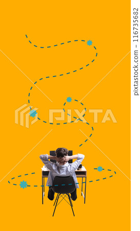 Contemporary art collage. Freelancer sitting at desk with hands behind their head, looking relaxed against vibrant background with winding dashed line. Contemporary art collage. Freelancer sitting at desk with hands behind their head, looking relaxed against vibrant background with winding dashed line. 116735682