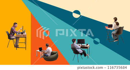 Contemporary art collage. People working on laptops in diverse settings against vibrant background with geometric shapes. Contemporary art collage. People working on laptops in diverse settings against vibrant background with geometric shapes. 116735684