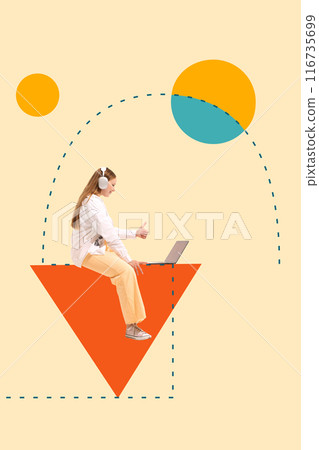 Contemporary art collage. Woman wearing headphones, giving thumbs-up, sits on bright orange triangle, working on her laptop. Abstract background. Contemporary art collage. Woman wearing headphones, giving thumbs-up, sits on bright orange triangle, working on her laptop. Abstract background. 116735699