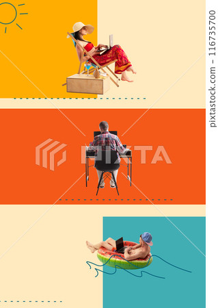 Contemporary art collage. Woman relaxing on beach chair, man focused at desk, and another man lounging in pool float, all with laptops in colorful settings. Contemporary art collage. Woman relaxing on beach chair, man focused at desk, and another man lounging in pool float, all with laptops in colorful settings. 116735700