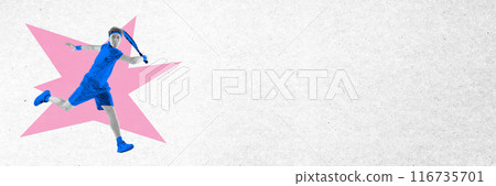 Banner. Contemporary art collage. Young man, tennis player leaping to hit ball in motion against grey background with pink star. Noise effect. Banner. Contemporary art collage. Young man, tennis player leaping to hit ball in motion against grey background with pink star. Noise effect. 116735701