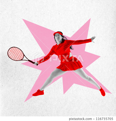 Poster. Contemporary art collage. Young tennis athlete ready to hit ball against grey background with pink star. Noise effect. 116735705