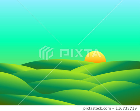 Gradient green meadows at dawn in a minimalist style. Panoramic natural landscape with green hills and the rising sun on the horizon. Design for covers, banners and posters. Vector illustration 116735719