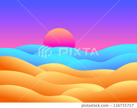View of the coast from the desert. Sand dunes, sea and sun. Wavy landscape of sand dunes and wavy sea. Landscape in a minimalist style. Design for covers, banners and posters. Vector illustration 116735727