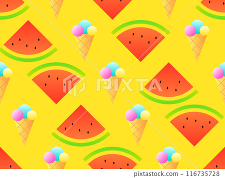 Seamless pattern with ice cream cones and watermelon slices. Ice cream balls in a waffle cone, ice cream on a stick. Triangular slices of watermelon. Design of covers and banners. Vector illustration 116735728