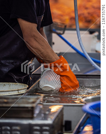 Worker Washing Equipment in Commercial Kitchen 116735791