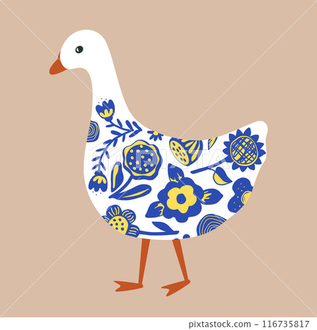 Abstract cartoon goose painted with flowers. Cartoon nursery, folk, or Scandinavian style. Vector isolated illustration, blue and yellow 116735817
