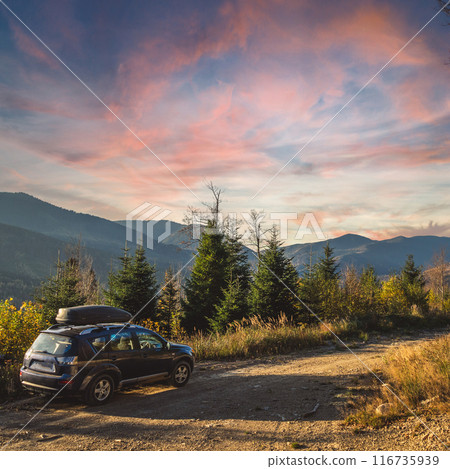 car for traveling with a mountain road 116735939