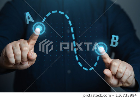 A businessman makes his way from point A to B. Strategy development. Action plan. Business management. Set tasks and goals. Cause and consequence. 116735984