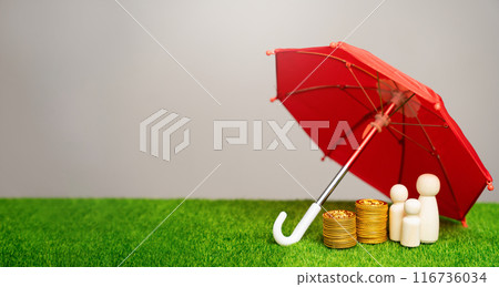 Property, life, health and finance insurance concept. Endowment policy. Financial protection. Family figures with coins stand under a red umbrella. Property, life, health and finance insurance concept. Endowment policy. Financial protection. Family figures with coins stand under a red umbrella. 116736034