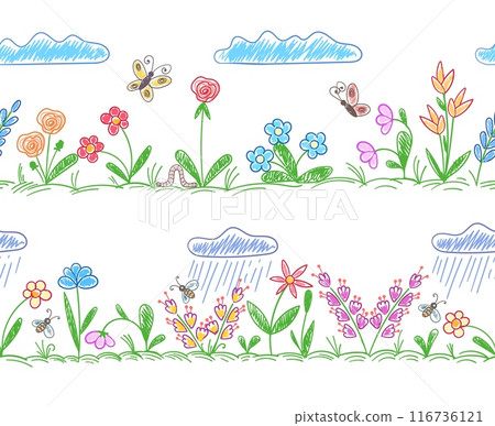 Kids painting doodle flower horizontal pattern 116736121