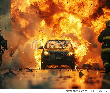 Heroic emergency response to a fiery car explosion in a high stakes post collision scene 116736187