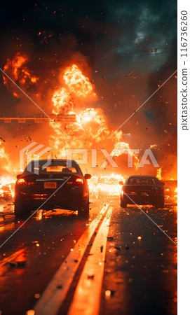 Nighttime Highway Engulfed in Fiery Chaos as Multiple Vehicles Collide in Dramatic Explosion 116736260