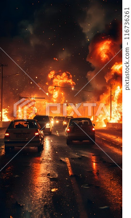 Nighttime Highway Engulfed in Flames and Explosive Destruction After Devastating Car Crash Incident 116736261