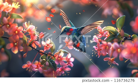 Radiant Hummingbird Hovering Amid Vibrant Blossoms in Lush Garden Setting 116736276