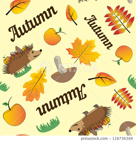 A combination of hedgehogs, fall leaves, mushrooms, apples and grasses. Autumn A combination of hedgehogs, fall leaves, mushrooms, apples and grasses. Autumn 116736389