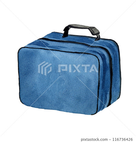 Blue ambulance medical case, first aid kit with a cross. Watercolor illustration. Isolated object on white background. For the design of pharmacies Blue ambulance medical case, first aid kit with a cross. Watercolor illustration. Isolated object on white background. For the design of pharmacies 116736426