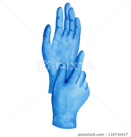 Protection medical gloves against coronavirus, virus, flu and pollution. Hand drawn watercolor illustration isolated on the white background. 116736427