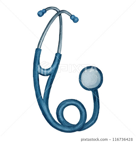 Watercolor stethoscope, a medical diagnostic device for auscultation of sounds, watercolor element on a white background, for designer compositions Watercolor stethoscope, a medical diagnostic device for auscultation of sounds, watercolor element on a white background, for designer compositions 116736428