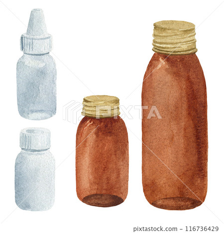 Pipette, thermometer, syringe. Hand drawn watercolor illustration isolated on the white background. For design, posters, stickers, articles Pipette, thermometer, syringe. Hand drawn watercolor illustration isolated on the white background. For design, posters, stickers, articles 116736429