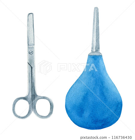 Medical scissors and enema. Hand drawn watercolor illustration isolated on the white background. For design, posters, stickers, articles, packaging 116736430