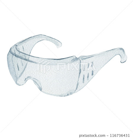 Protective plastic medical glasses against coronavirus, virus, flu and pollution. Hand drawn watercolor illustration isolated on the white background. Protective plastic medical glasses against coronavirus, virus, flu and pollution. Hand drawn watercolor illustration isolated on the white background. 116736431
