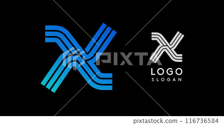 Abstract modern X logo with gradient blue stripes. Sleek, geometric design ideal for tech companies, startups, corporate branding. Professional minimalist emblem. Vector illustration 116736584