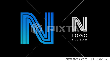Modern blue gradient letter N logo. Sleek, minimalistic design with black background. Ideal for corporate branding, digital identities, and professional use. Vector illustration 116736587
