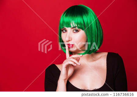 Green-Haired Woman with Shushing Pose 116736616