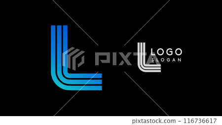 Abstract blue logo design with gradient effect. Modern, minimalistic letter L lines forming a stylish and sleek emblem for corporate branding, company identity, tech firms. Vector illustration 116736617