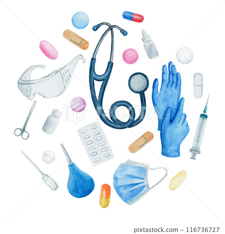 Medical round card, circle composition with stethoscope, plaster, pills, scissors, gloves and bottles. Watercolor illustration on white background. 116736727