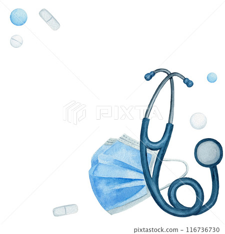 Medical card, corner square composition with stethoscope, mask and pills. Watercolor illustration, composition isolated on white background. Medical card, corner square composition with stethoscope, mask and pills. Watercolor illustration, composition isolated on white background. 116736730