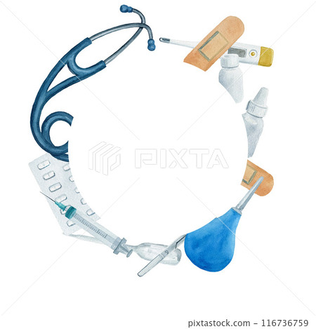 Medical card, round composition with stethoscope, plaster, pills and bottles. Watercolor illustration, composition isolated on white background. 116736759