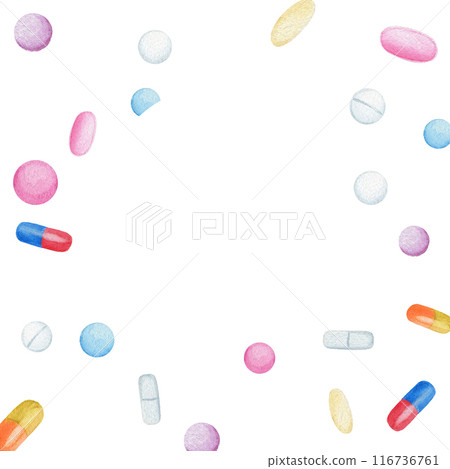 Medical card, square composition with white, pink, blue pills. Watercolor illustration, composition isolated on white background. 116736761