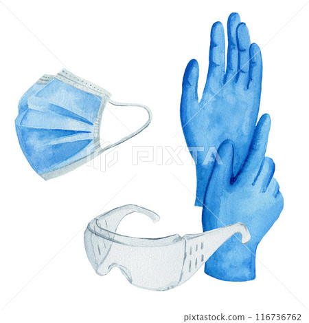 Protection medical face mask, medical gloves and glasses. Watercolor illustration on white background, elements about pharmaceutics, hospital, doctor. 116736762