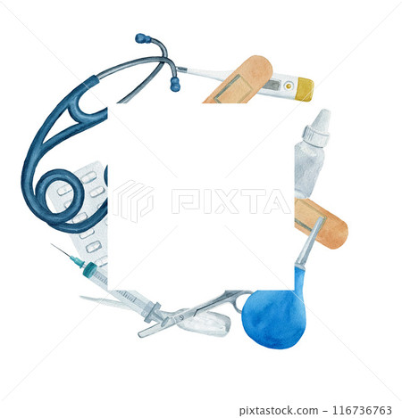 Medical card, square composition with stethoscope, plaster, pills and bottles. Watercolor illustration, composition isolated on white background. Medical card, square composition with stethoscope, plaster, pills and bottles. Watercolor illustration, composition isolated on white background. 116736763