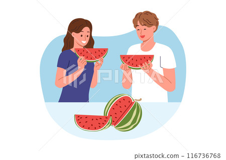 Man and woman eat watermelon, enjoying taste of juicy fruit that relieves thirst in hot weather 116736768