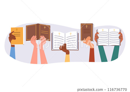 People hold bible and holy books from christian religious library, describing life of jesus 116736770
