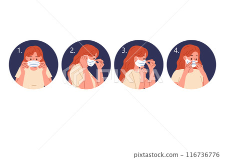 Instructions for wearing medical mask, with step-by-step plan to avoid infection with dangerous flu 116736776