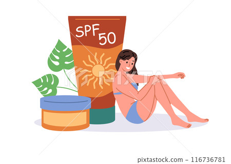 Woman uses SPF cream to prevent effects of ultraviolet radiation on skin, dressed in bikini Woman uses SPF cream to prevent effects of ultraviolet radiation on skin, dressed in bikini 116736781