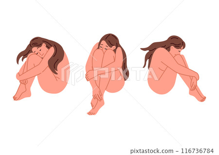 Depression in girl sitting without clothes and experiencing stress caused by breaking with boyfrien 116736784
