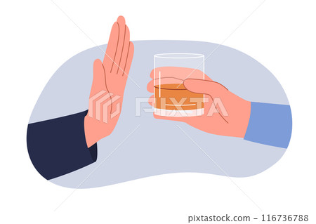 Refusal from alcohol is demonstrated by man hand, near glass of whiskey, which causes intoxication 116736788